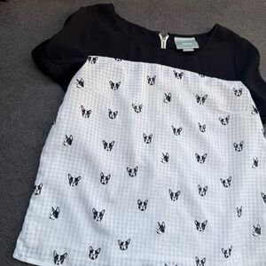 Anthropologie Maeve bulldog puppy top white black chiffon xs small light A5